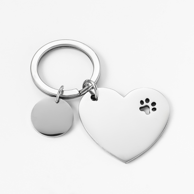 Engravable Heart Circle Tag Paw Print Keychain Silver  - Seller Supplies