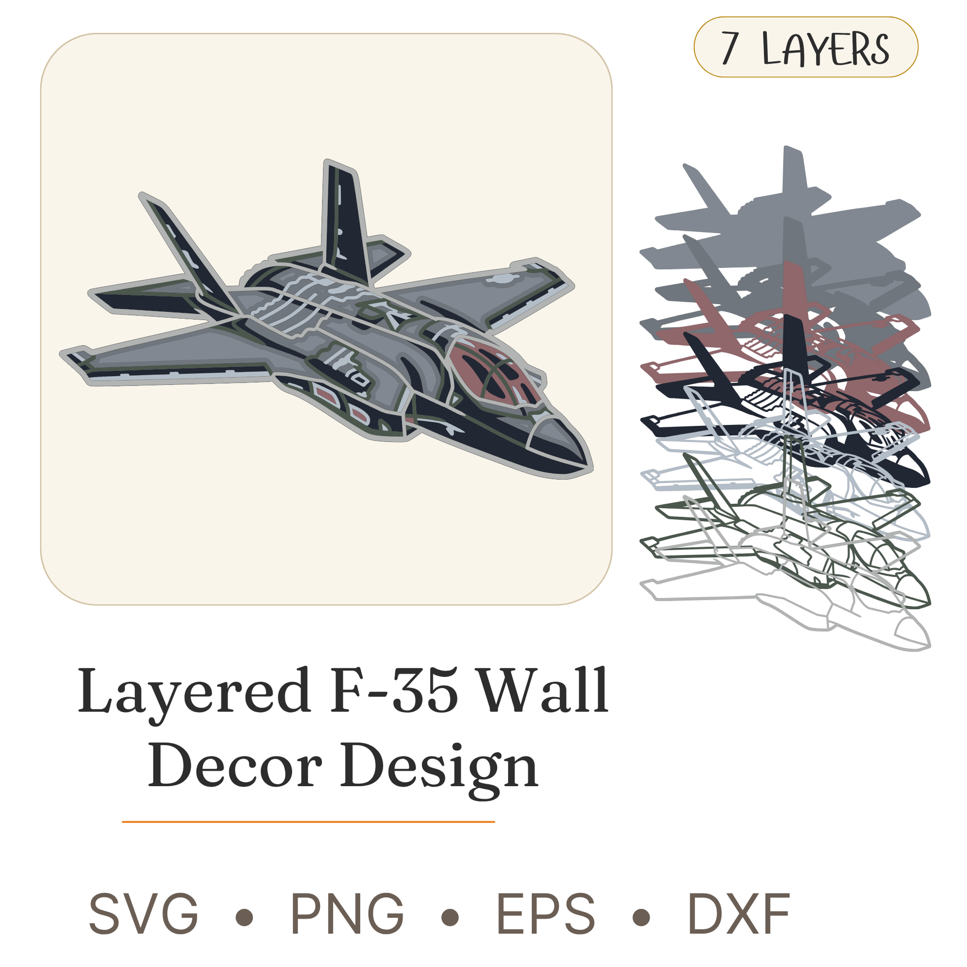 F -35 Fighter Jet - Vehicle - Layered Line Design - Digital File - ZIP File - Digital