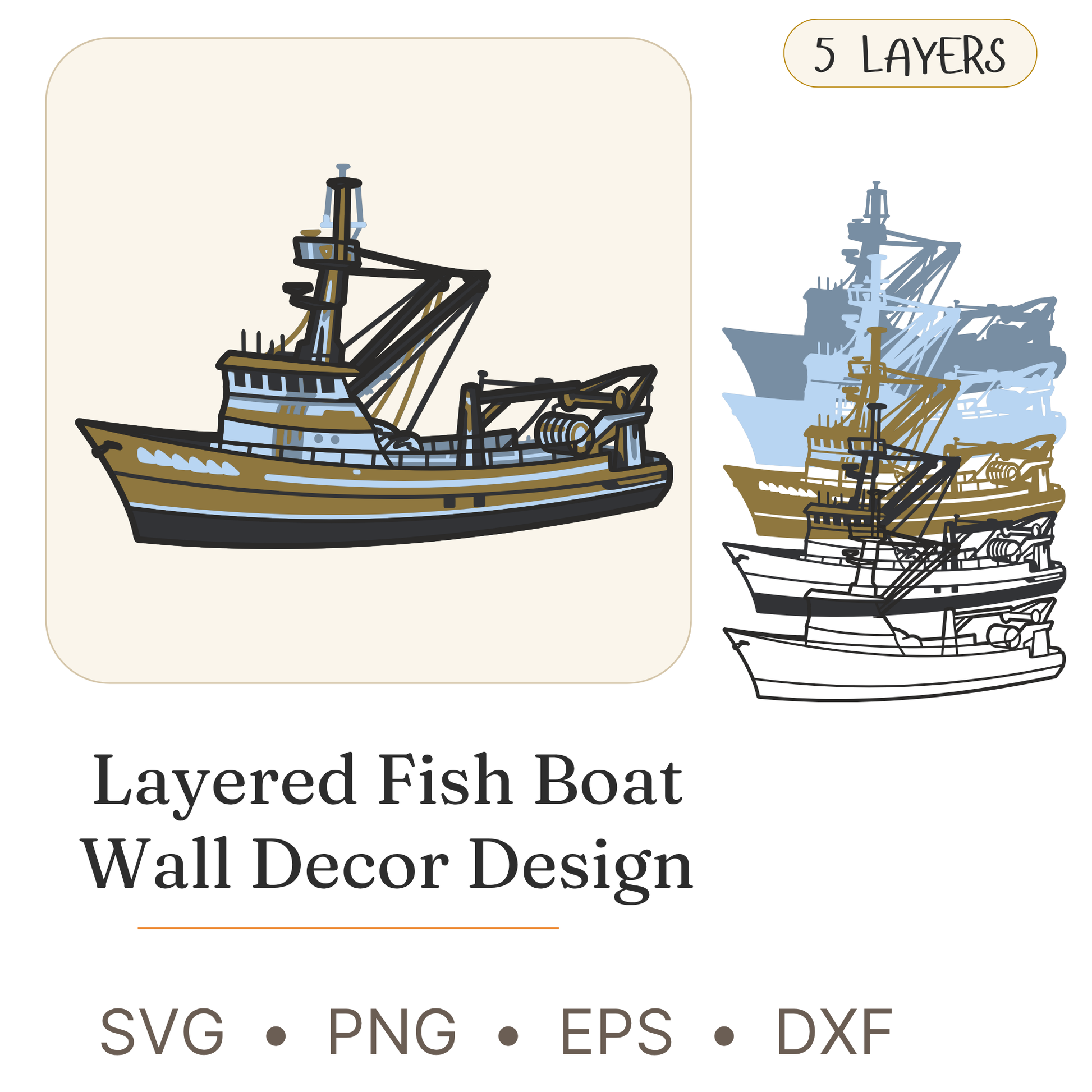 Fishing Boat - Layered Line Design - Boats - Digital File - ZIP File - Digital