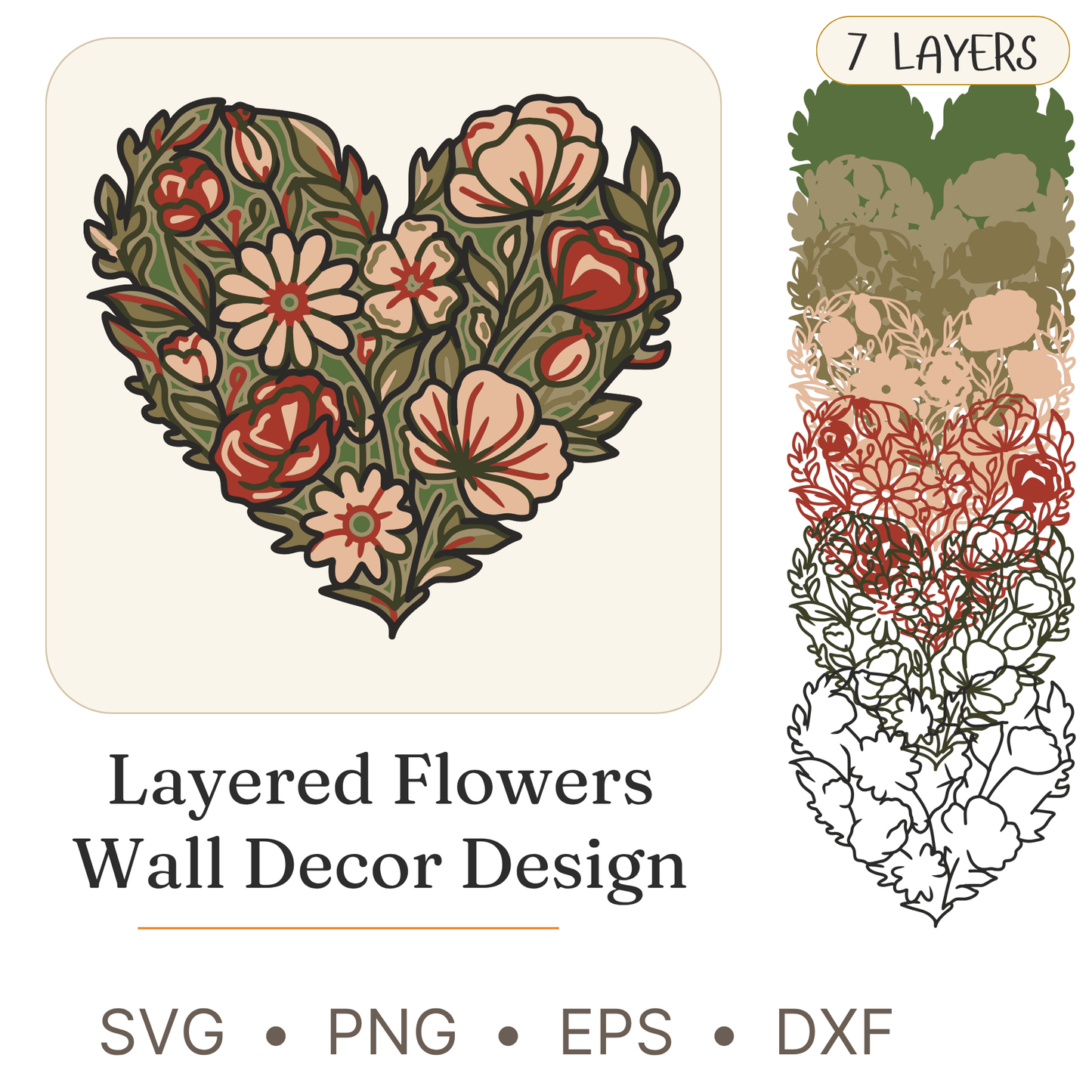 Flower Garden Heart - Layered Line Designs - Digital File - ZIP File - Digital
