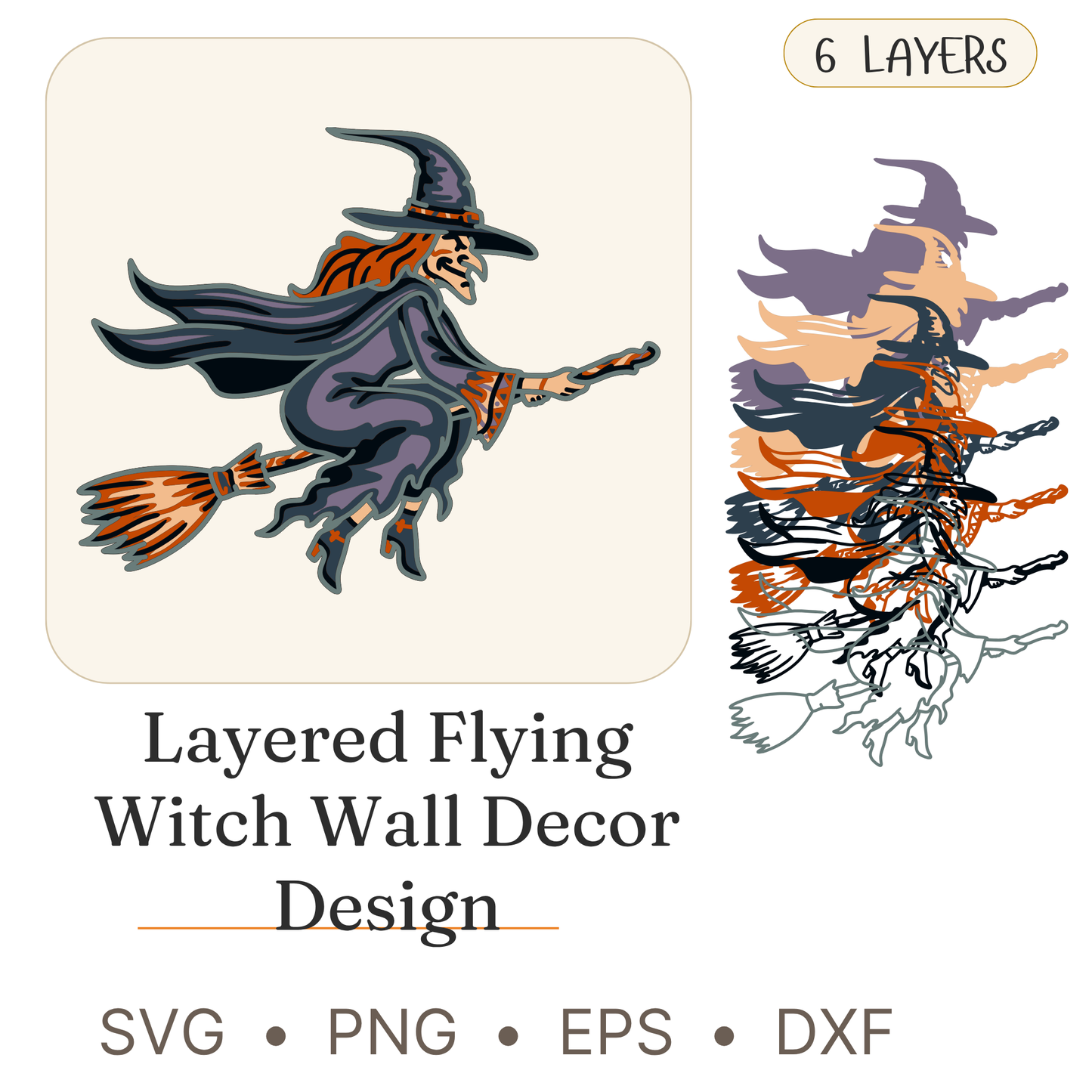 Flying Witch - Layered Line Design - Halloween - Digital File - ZIP File - Digital