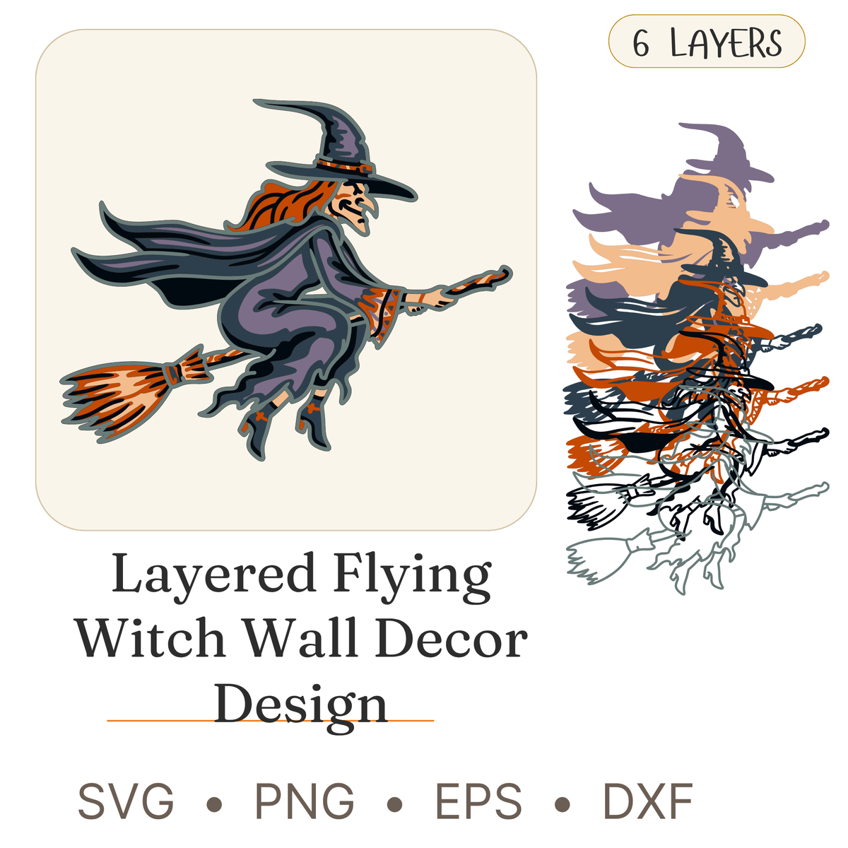 Flying Witch - Layered Line Design - Halloween - Digital File - ZIP File - Digital