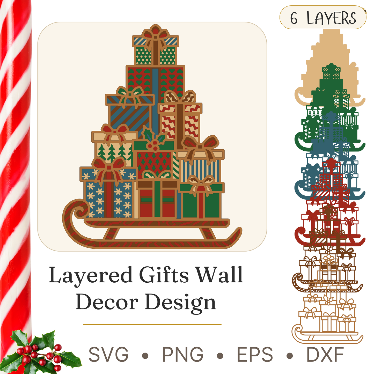 Gift Boxes with Sled - Christmas - Layered Line Designs - SVG Digital File - ZIP File - Digital