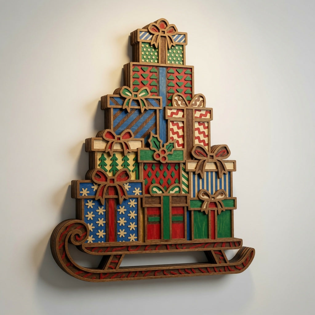 Gift Boxes with Sled - Christmas - Layered Line Designs - SVG Digital File - ZIP File - Digital