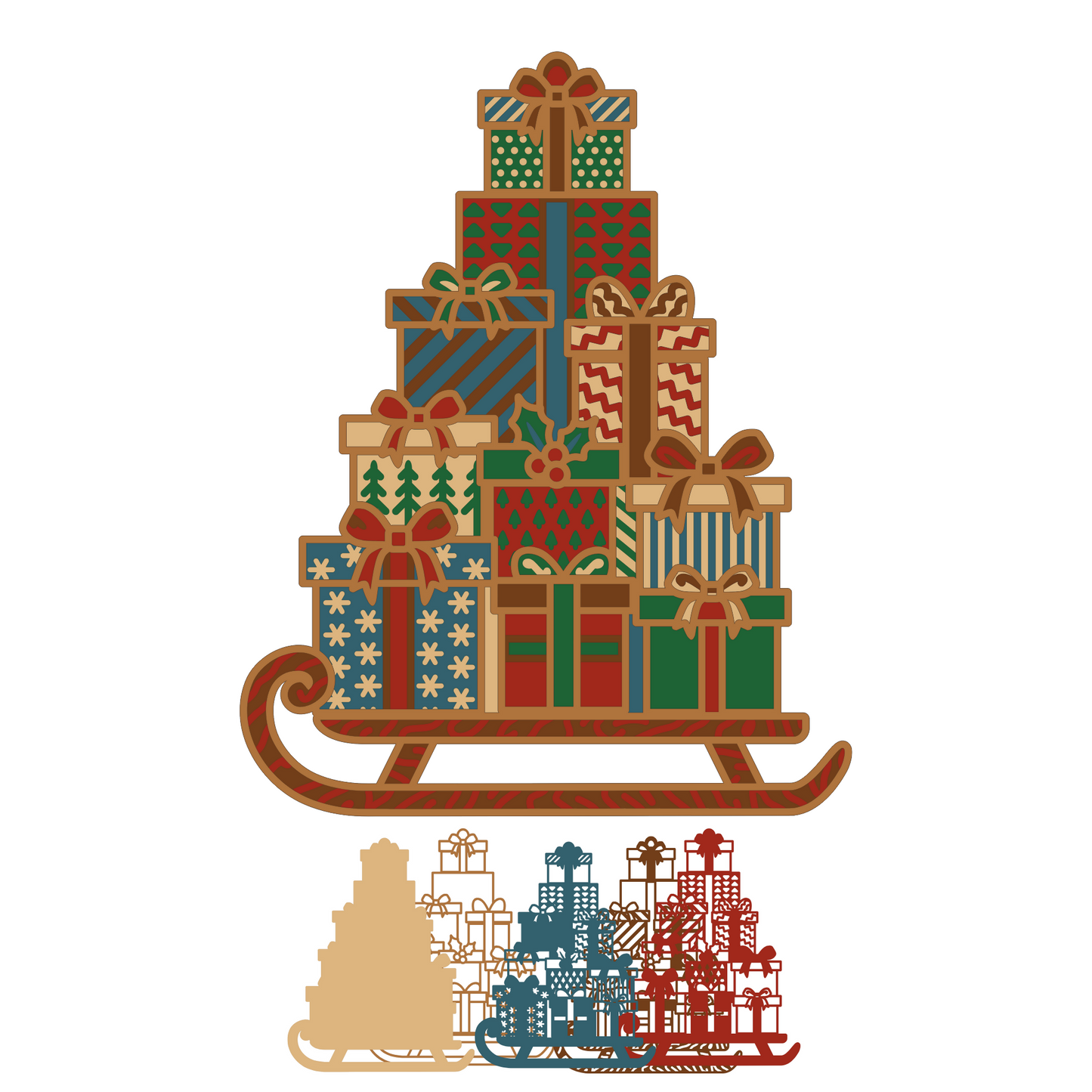 Gift Boxes with Sled - Christmas - Layered Line Designs - SVG Digital File - ZIP File - Digital