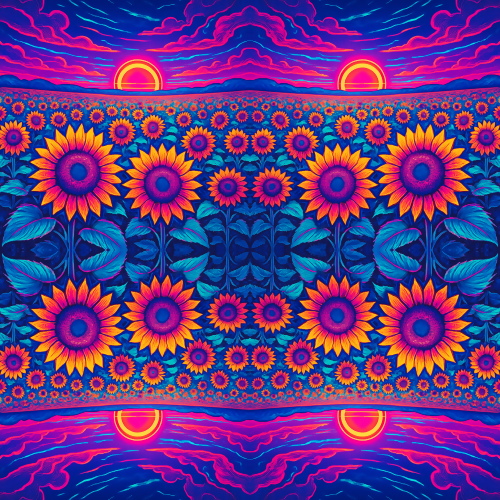 Nature and Landscape - Stylized Sunflower Fields Under Neon Skies - Pattern - Digital File