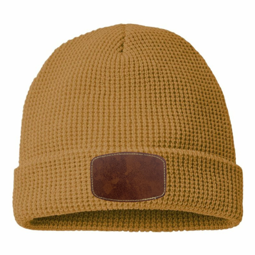 Waffle Knit Beanie with Custom Leather Curved Rectangle Patch