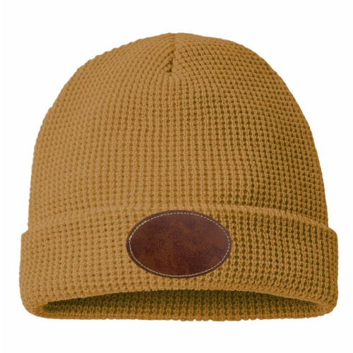 Waffle Knit Beanie with Custom Leather Oval Patch