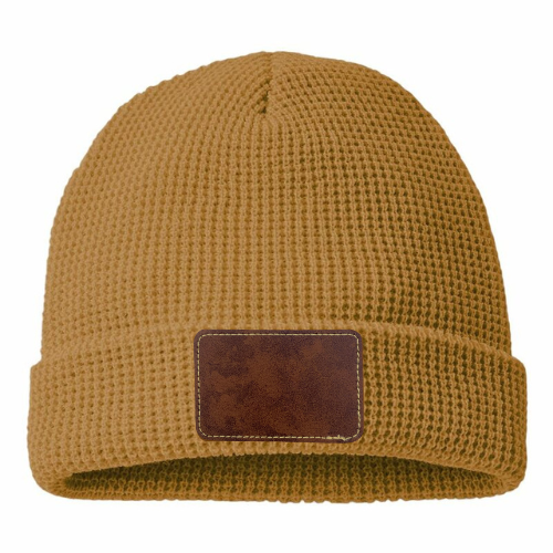 Waffle Knit Beanie with Custom Leather Rectangle Patch