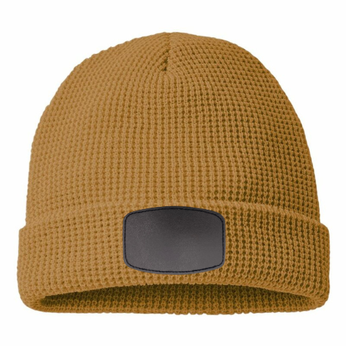 Waffle Knit Beanie with Custom Leather Curved Rectangle Patch