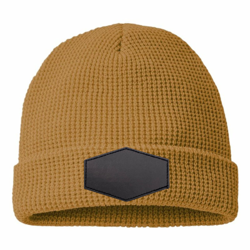 Waffle Knit Beanie with Custom Leather Hexagon Patch