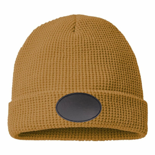 Waffle Knit Beanie with Custom Leather Oval Patch