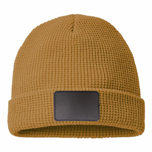 Waffle Knit Beanie with Custom Leather Rectangle Patch