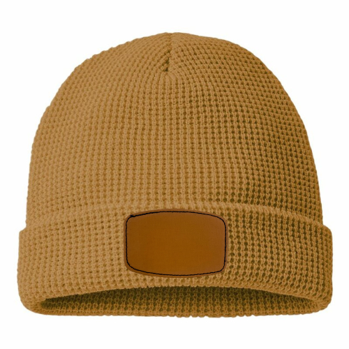 Waffle Knit Beanie with Custom Leather Curved Rectangle Patch