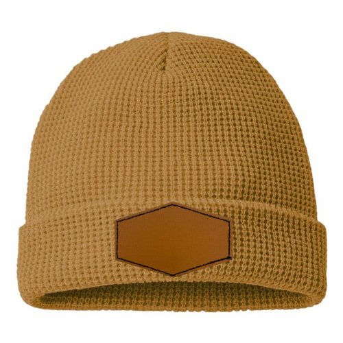 Waffle Knit Beanie with Custom Leather Hexagon Patch