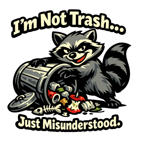 Humor & Whimsy - Mischievous Raccoon and Spilled Trash - T Shirt Designs - Digital File Digital My Custom Designs 300 DPI PNG