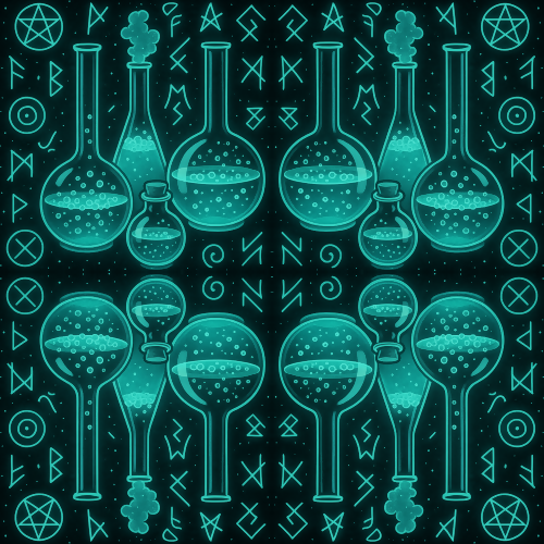 Fantasy and Myth - Alchemist Flasks And Magic Runes In Glowing Teal - Pattern - Digital File Digital My Custom Designs PDF