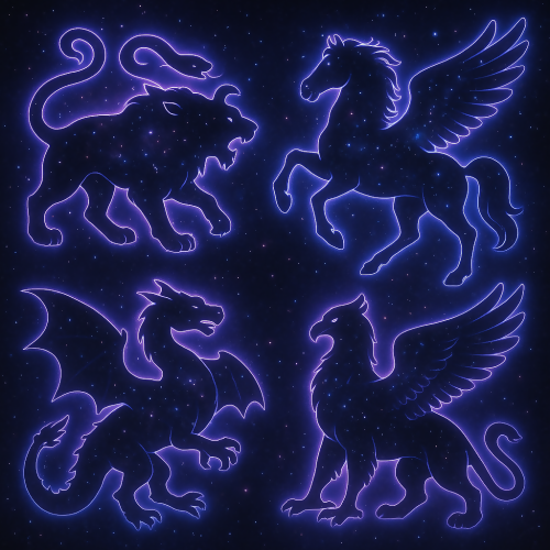 Fantasy and Myth - Cosmic Chimera Silhouettes With Glowing Outlines - Pattern - Digital File Digital My Custom Designs PDF