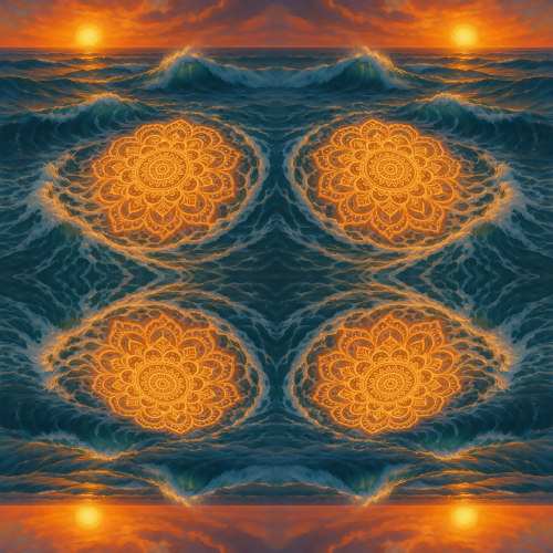 Nature and Landscape - Sunset Waves With Glowing Foam Mandala - Pattern - Digital File