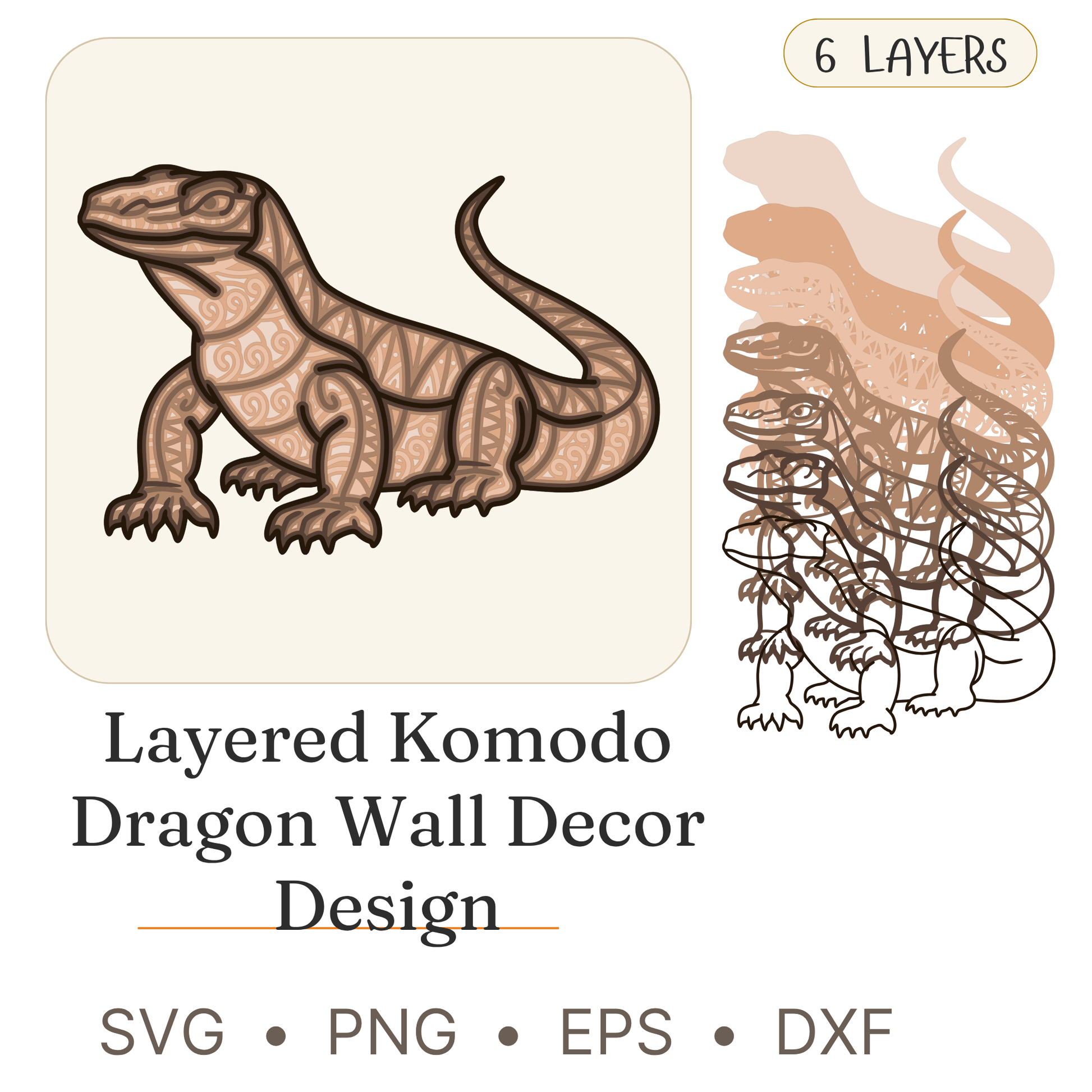 Komodo Dragon - Animals & Reptiles - Layered Line Designs - Digital File - ZIP File - Digital
