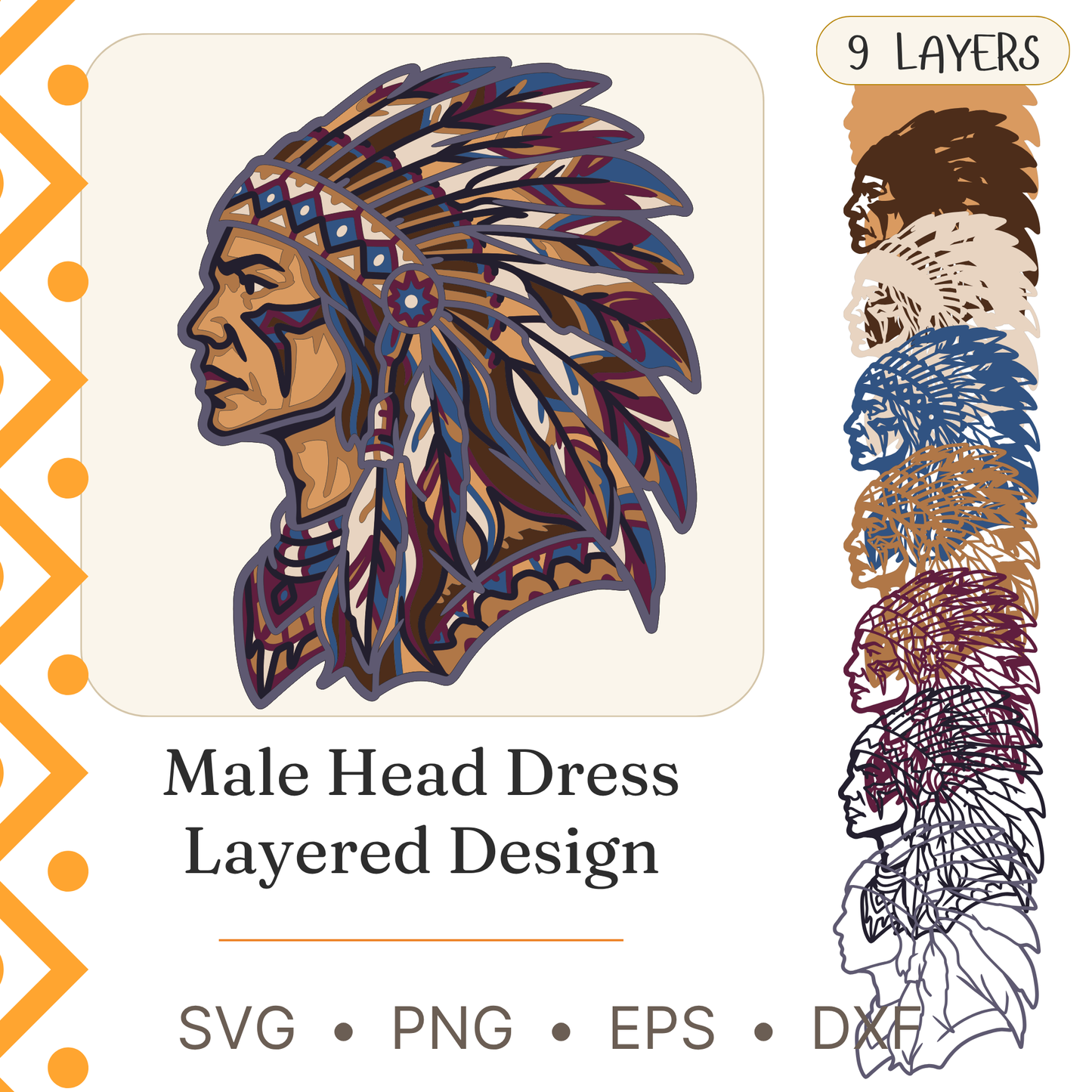 Layered Line Design - Native American Man - Framed Wall Art - Digital File - My Custom Designs - ZIP File - Digital