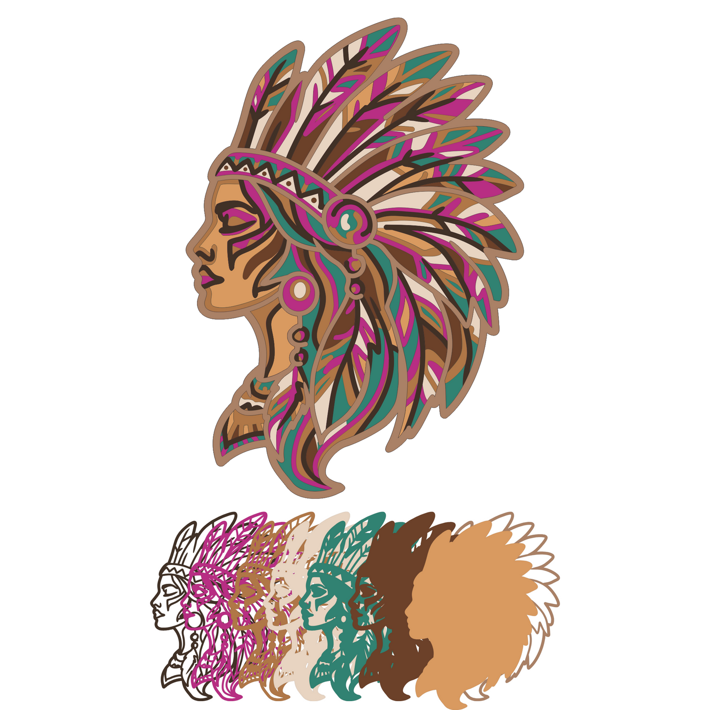 Layered Line Design - Native American Woman - Framed Wall Art - Digital File - ZIP File - Digital