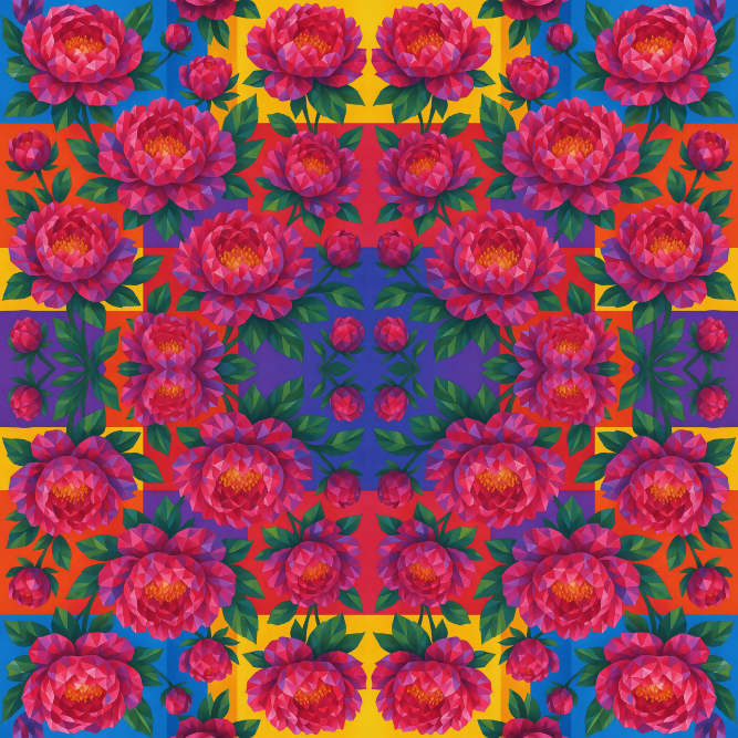 Floral Geometric Fusion - Crystal-fractal Peonies in Vibrant Color Blocks Pattern - Digital File Digital My Custom Designs PDF