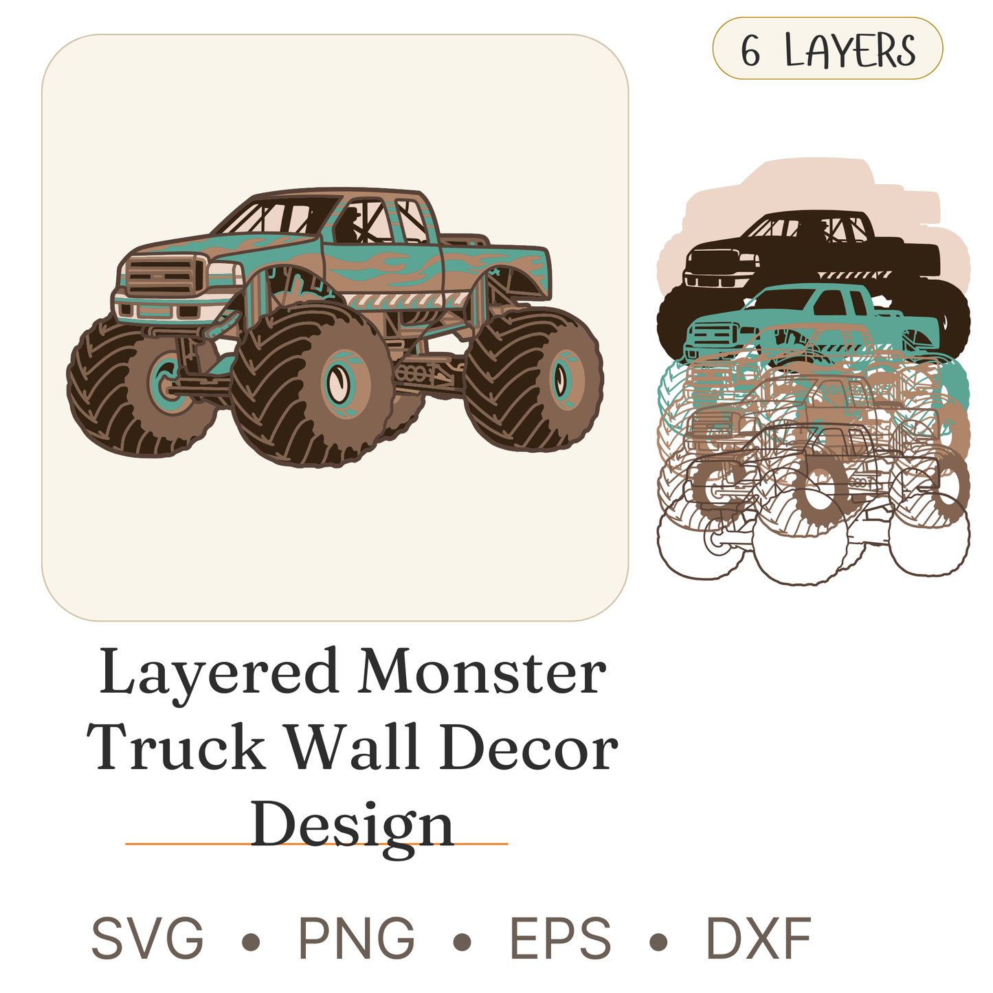 Monster Truck - Vehicle - Layered line Design - Digital File - ZIP File - Digital