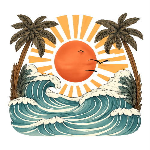 Nature & Outdoors - Retro Beach Scene with Sun and Waves - T Shirt Design - Digital File Digital My Custom Designs 300 DPI PNG