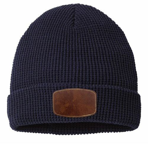 Waffle Knit Beanie with Custom Leather Curved Rectangle Patch