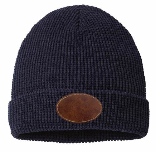 Waffle Knit Beanie with Custom Leather Oval Patch