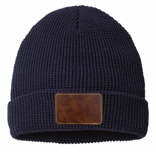 Waffle Knit Beanie with Custom Leather Rectangle Patch