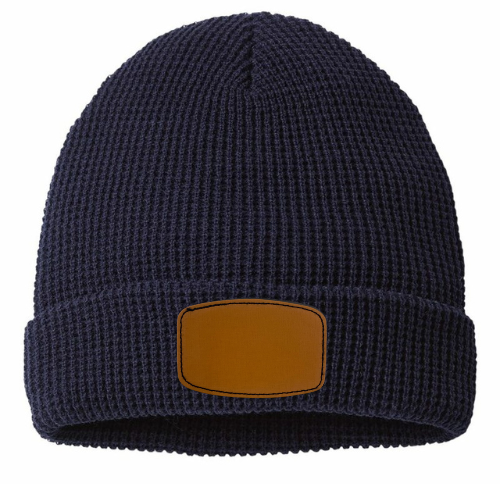 Waffle Knit Beanie with Custom Leather Curved Rectangle Patch