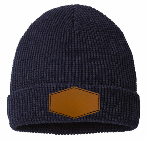 Waffle Knit Beanie with Custom Leather Hexagon Patch