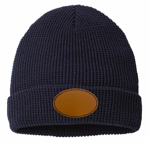 Waffle Knit Beanie with Custom Leather Oval Patch