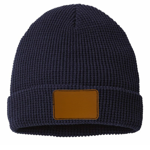 Waffle Knit Beanie with Custom Leather Rectangle Patch