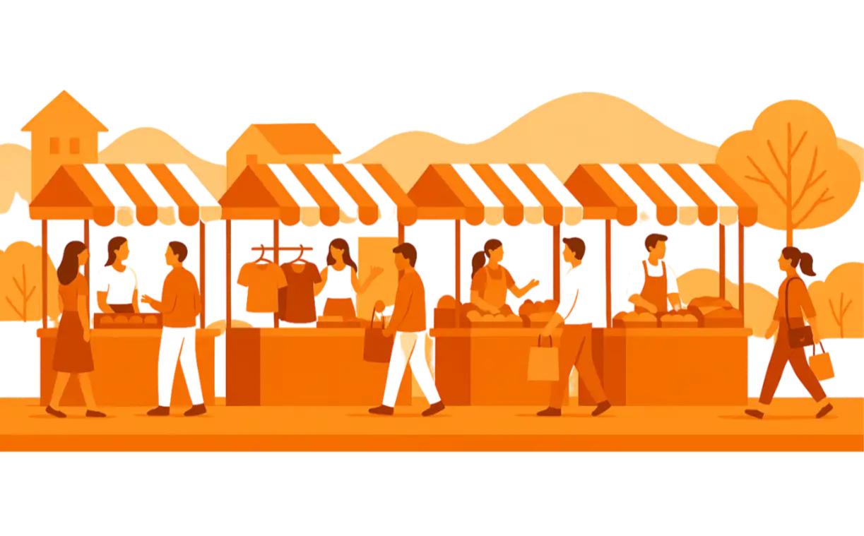 Orange striped market stalls with awnings and shoppers in a stylized illustration.