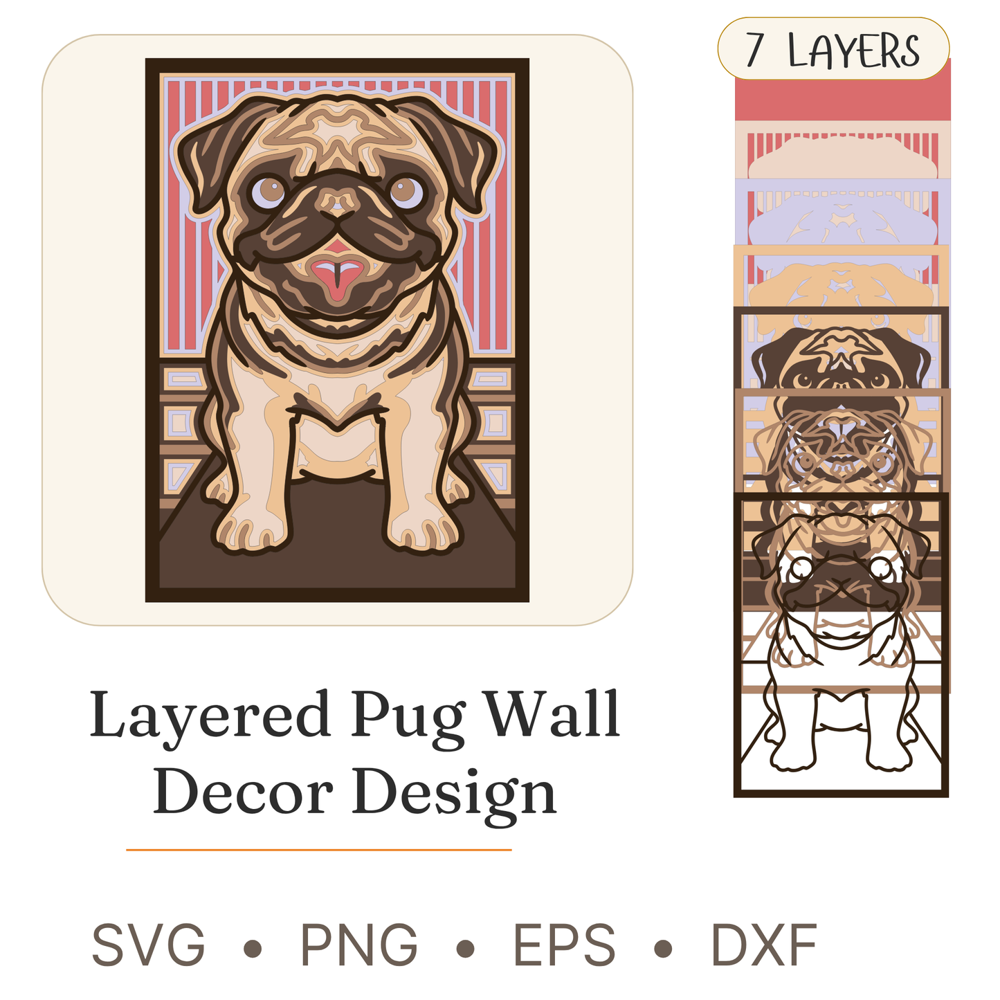 Pug - Layered Line Designs - Pets - Digital File - ZIP File - Digital