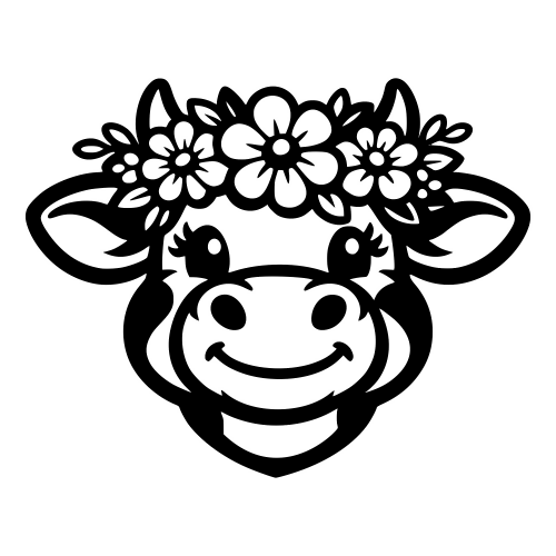 Cow Cartoon Face with Flower Crown - Vector Graphics - Digital File