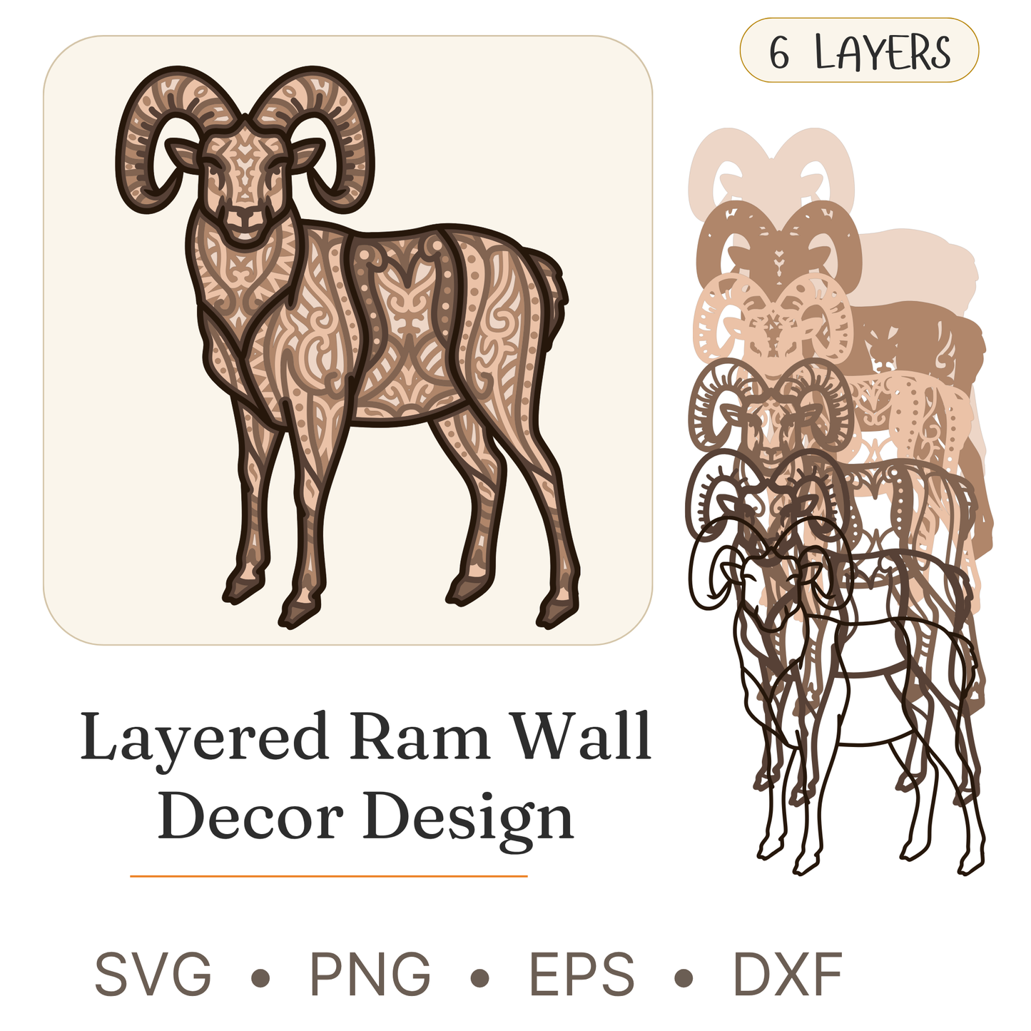 Ram - Animals - Layered Line Designs - Digital File - ZIP File - Digital