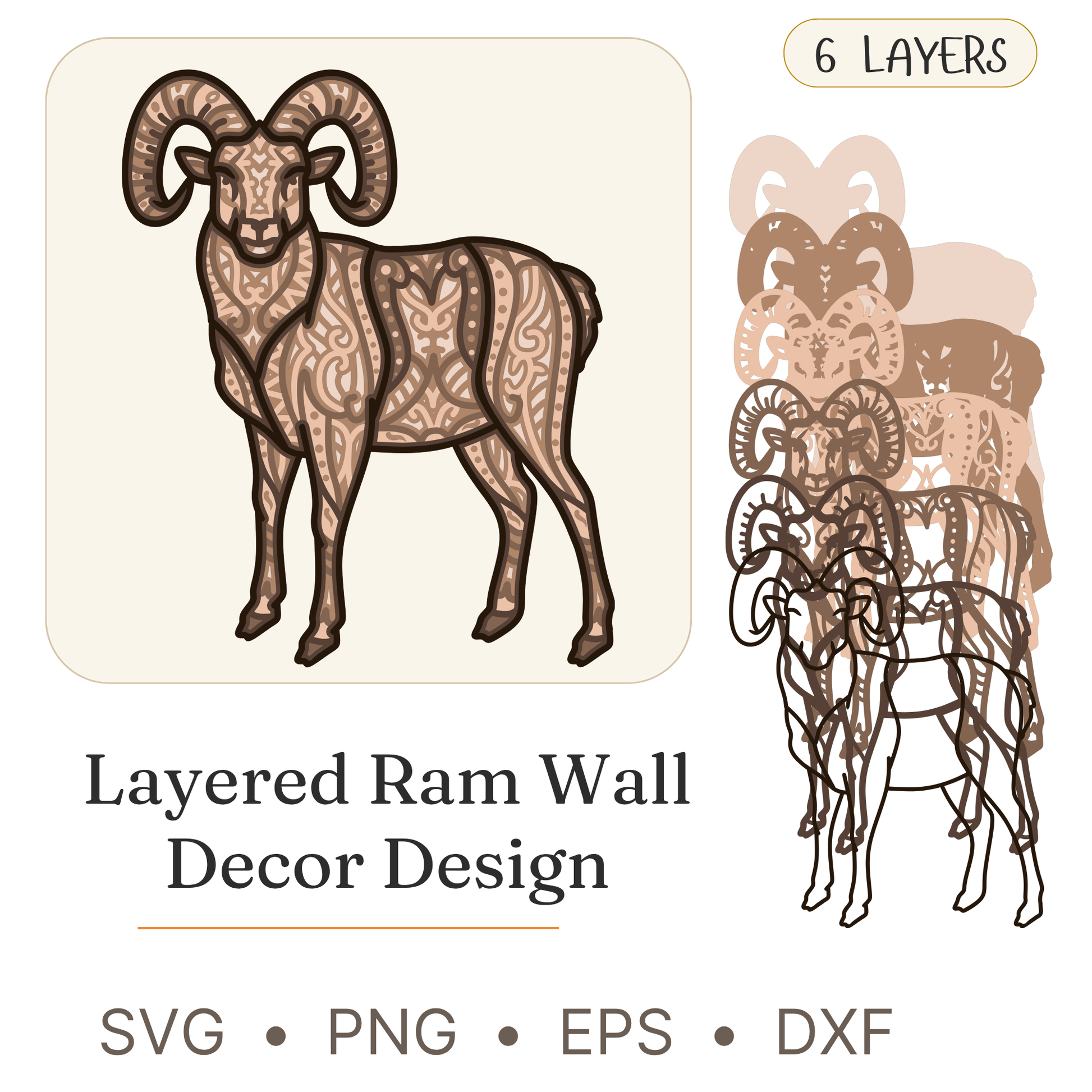 Ram - Animals - Layered Line Designs - Digital File - ZIP File - Digital