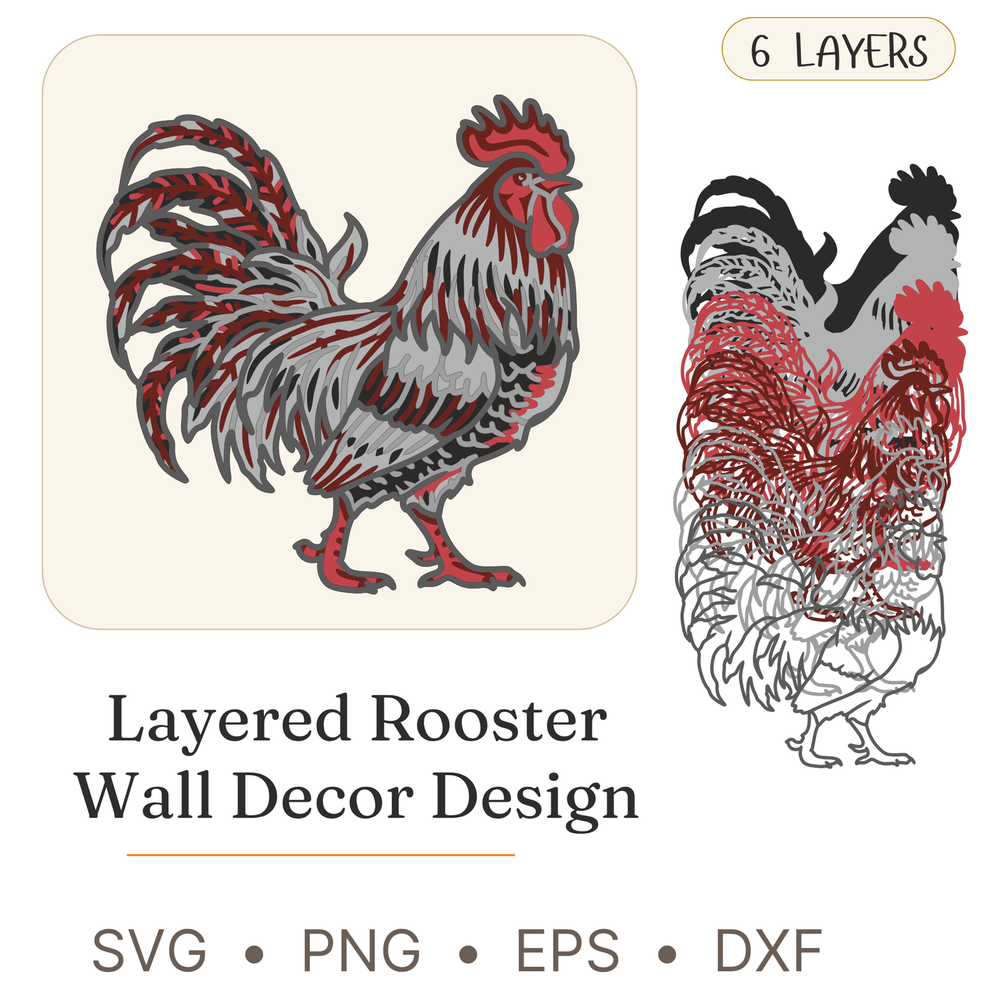 Rooster - Animal - Layered Line Design - Digital File - ZIP File - Digital