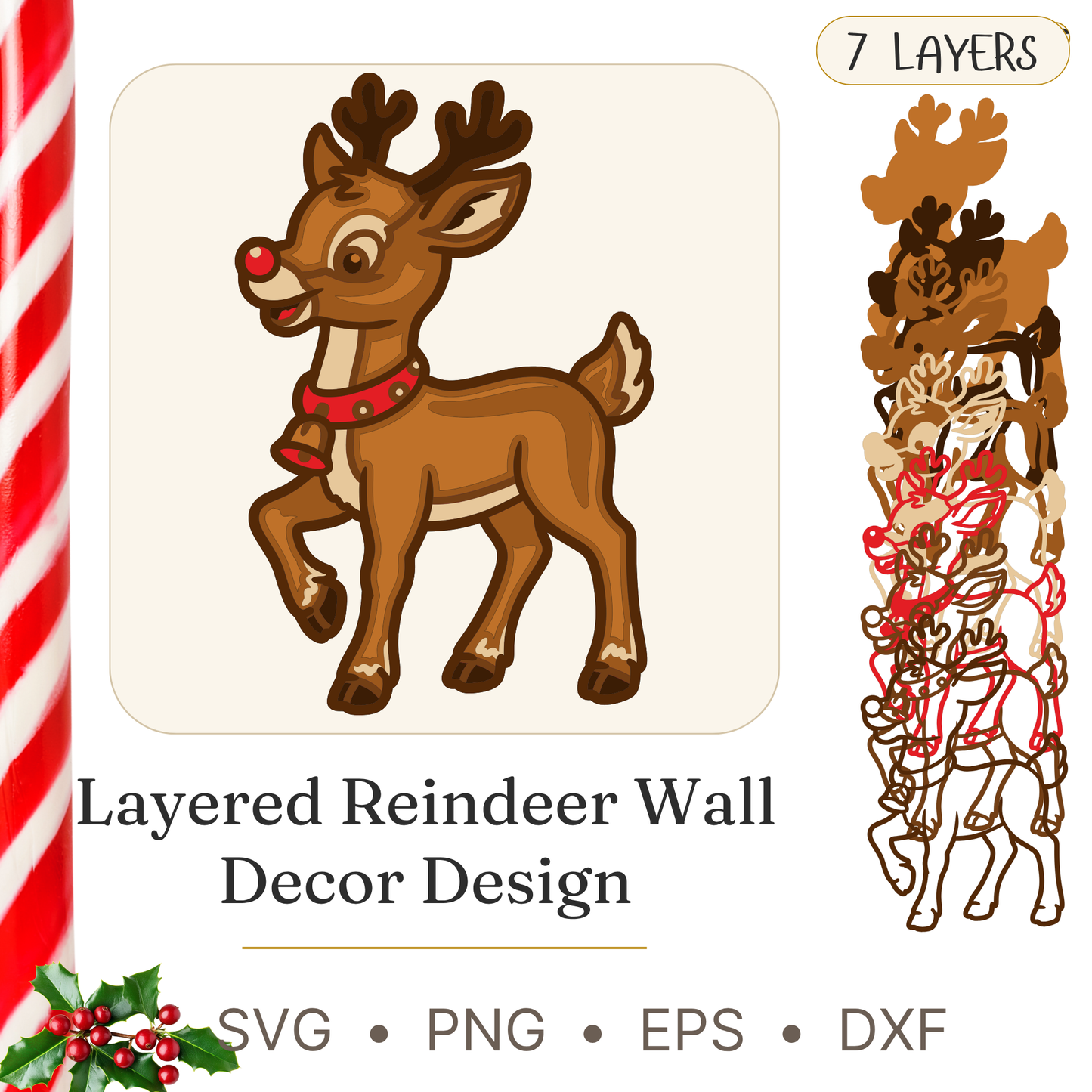 Rudolph - Christmas - Layered Line Design - Digital file - ZIP File - Digital