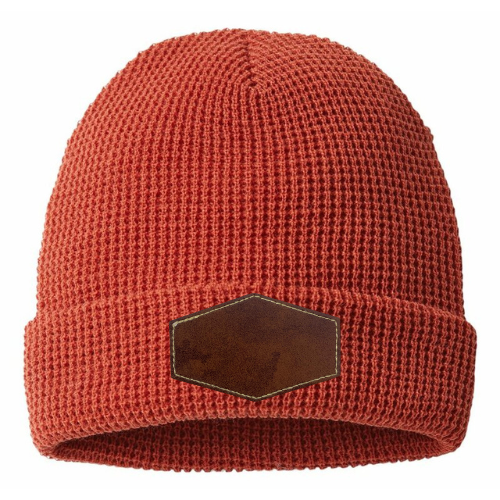 Waffle Knit Beanie with Custom Leather Hexagon Patch