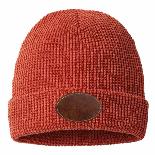 Waffle Knit Beanie with Custom Leather Oval Patch