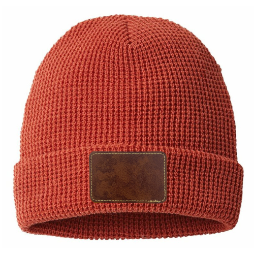 Waffle Knit Beanie with Custom Leather Rectangle Patch