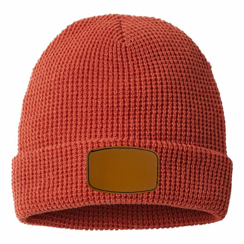 Waffle Knit Beanie with Custom Leather Curved Rectangle Patch