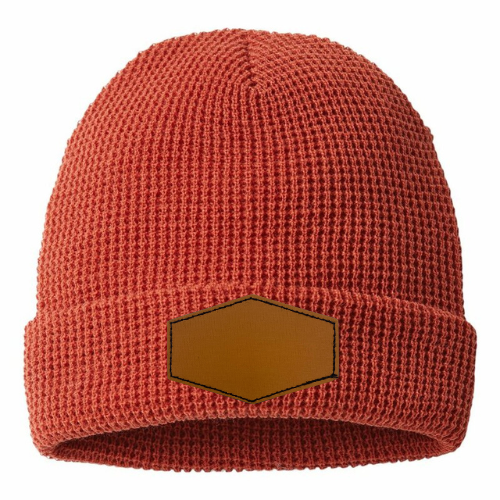 Waffle Knit Beanie with Custom Leather Hexagon Patch