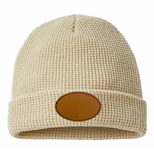 Waffle Knit Beanie with Custom Leather Oval Patch