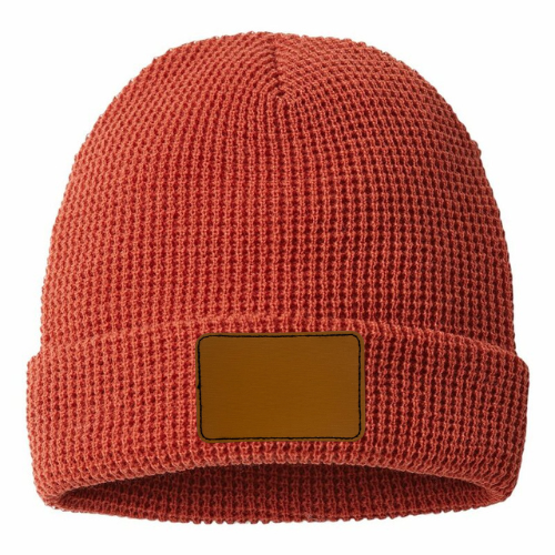 Waffle Knit Beanie with Custom Leather Rectangle Patch